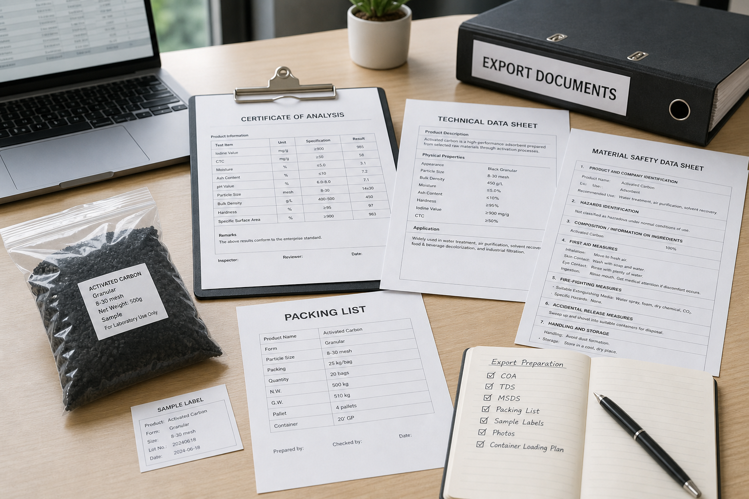 Activated carbon export documents and sample labels